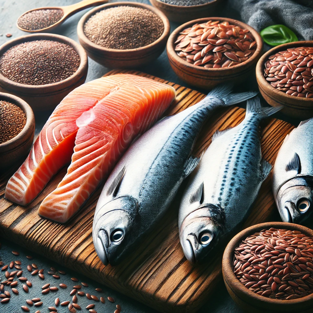 A nutritious selection of omega-3-rich foods, including fresh salmon, mackerel, sardines, tuna, flaxseeds, and chia seeds, arranged on a wooden board with soft natural lighting to highlight their health benefits.