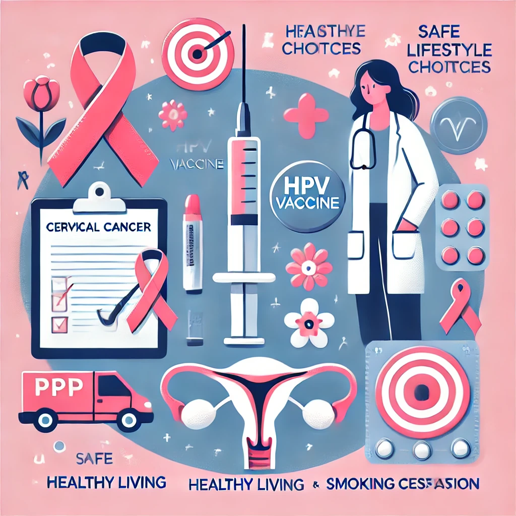 A modern illustration of cervical cancer prevention strategies, featuring an HPV vaccine syringe, a doctor performing a Pap test, and symbols of healthy lifestyle choices in pink and blue awareness tones.