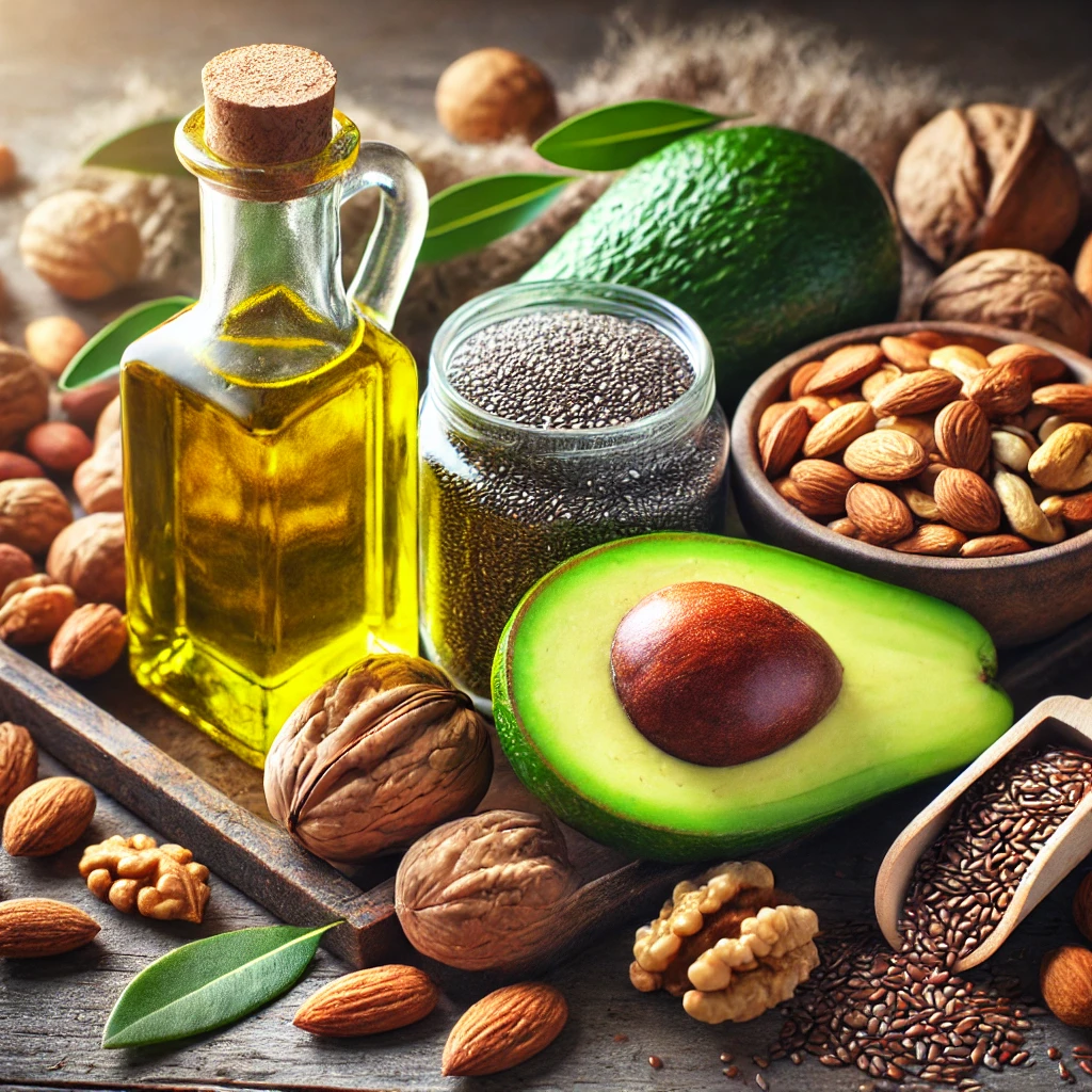A selection of anti-inflammatory healthy fats, including extra virgin olive oil, sliced avocados, almonds, walnuts, chia seeds, and flaxseeds, arranged on a rustic wooden surface with soft natural lighting to highlight their freshness and benefits.