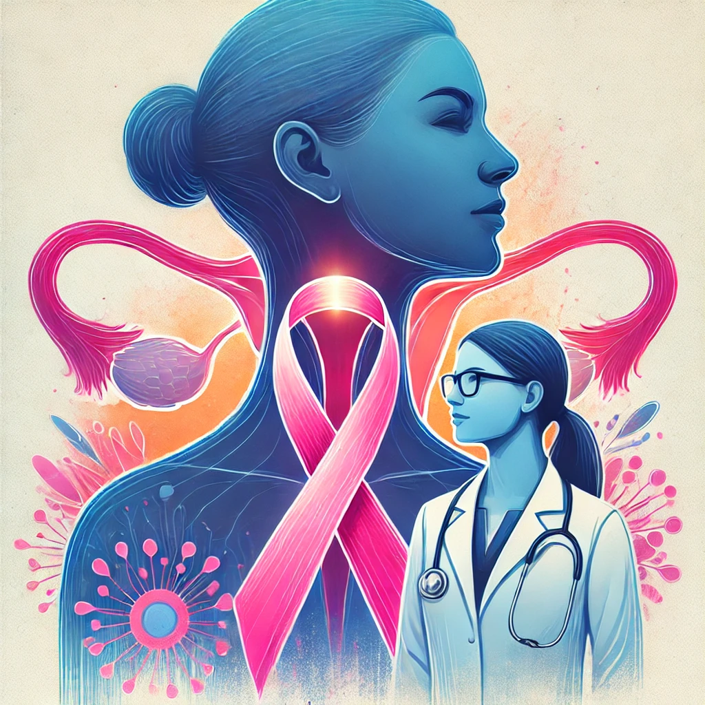 A visually striking illustration representing cervical cancer awareness, featuring a female silhouette, a cervical ribbon, and a healthcare professional in a pink and blue color scheme.