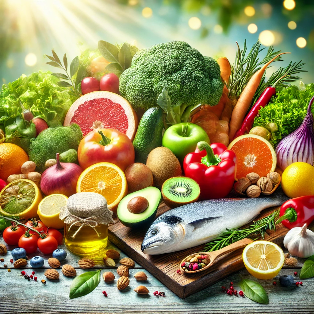 A colorful assortment of fresh fruits, vegetables, nuts, fatty fish, and olive oil arranged on a wooden table, representing an anti-inflammatory diet with natural lighting emphasizing health benefits
