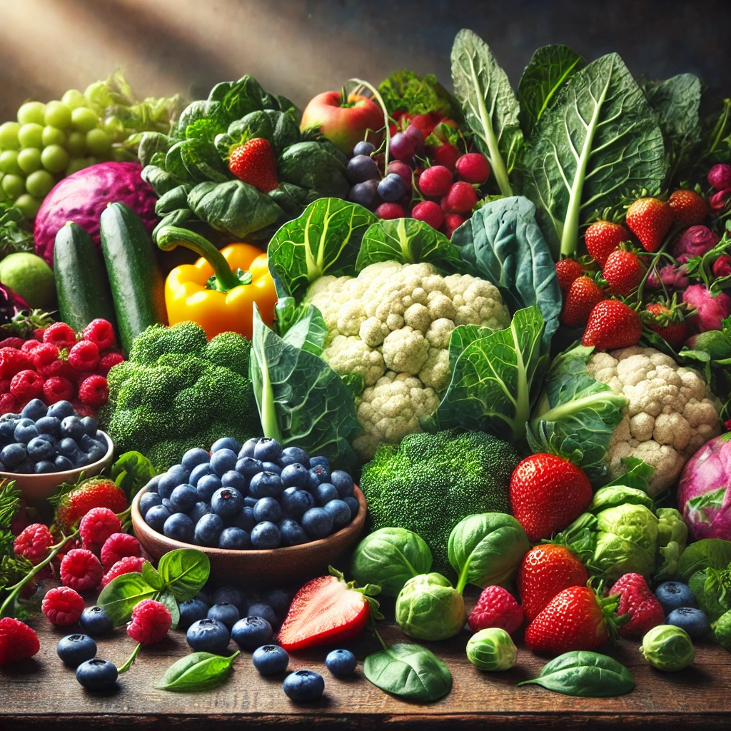 A colorful assortment of anti-inflammatory fruits and vegetables, including berries, leafy greens, and cruciferous vegetables, arranged on a wooden table with soft natural lighting to highlight their health benefits.