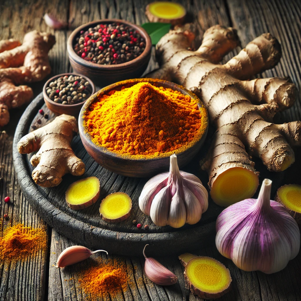 A colorful display of anti-inflammatory herbs and spices, including fresh turmeric root and powder, fresh ginger and slices, and garlic bulbs and cloves, arranged on a rustic wooden surface with soft natural lighting to highlight their rich textures and health benefits.