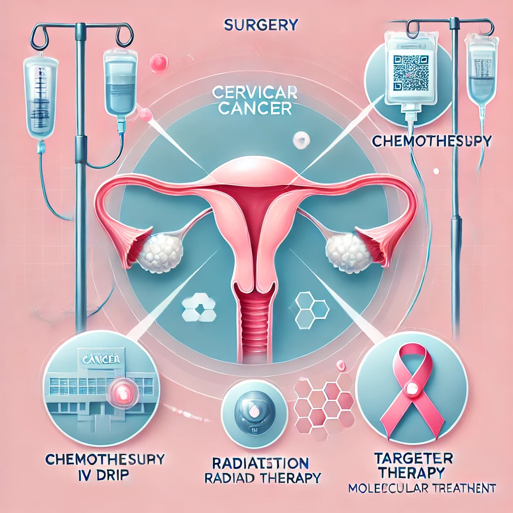 A visually compelling medical illustration of cervical cancer treatment options, including surgery, chemotherapy, radiation therapy, and targeted therapy in pink and blue awareness tones.