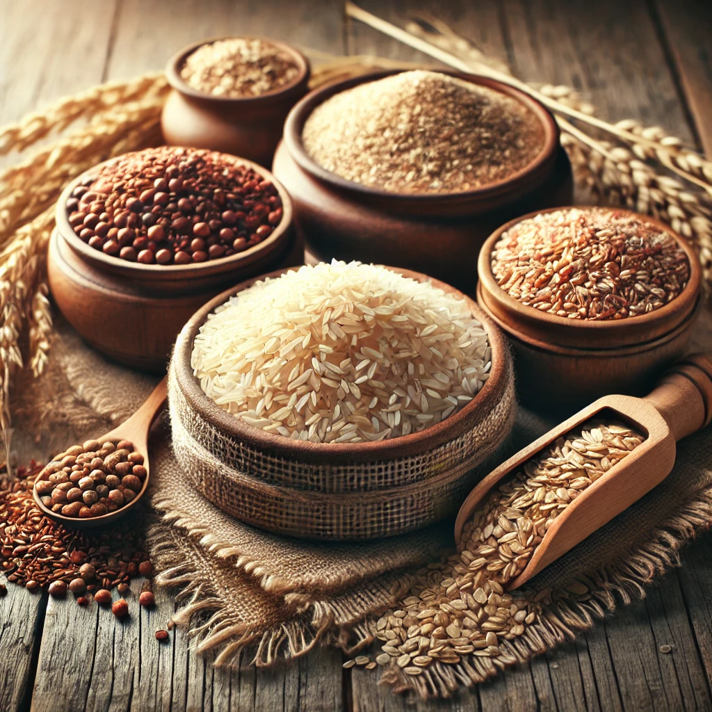 A nutritious display of whole grains, including bowls of brown rice, quinoa, and oats, arranged on a rustic wooden table with soft natural lighting to highlight their texture and health benefits.
