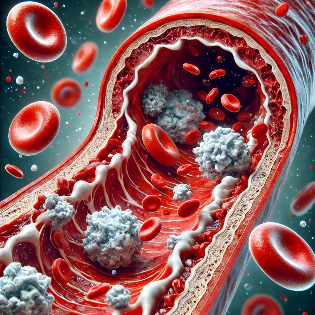 A detailed depiction of chronic inflammation in an artery, showing plaque buildup, redness, and immune cells responding to the affected area.