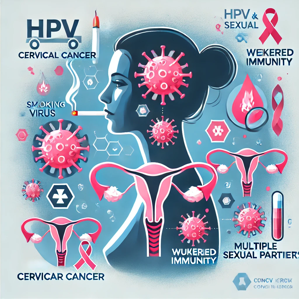 An engaging medical illustration of cervical cancer risk factors, featuring HPV virus particles, a female silhouette, and visual symbols of smoking, weakened immunity, and multiple sexual partners in pink and blue awareness tones.