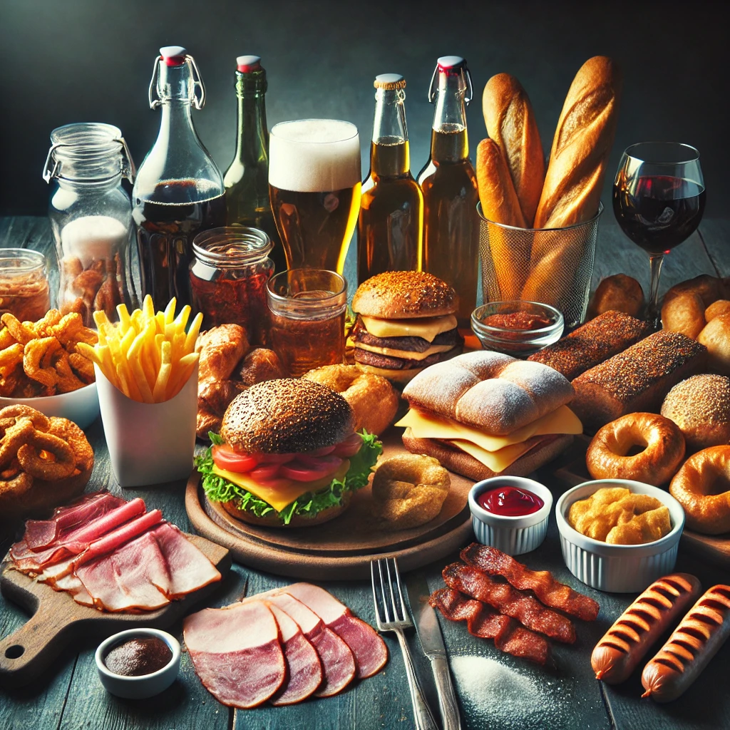 A collection of inflammatory foods to avoid, including white bread, pastries, fried foods, sugary beverages, processed meats, and alcohol, arranged on a dark wooden table with moody lighting to emphasize their negative health impact.