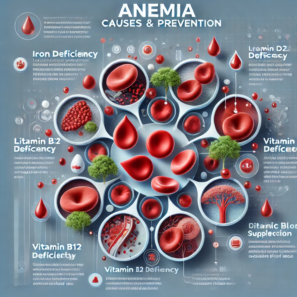 A visually detailed medical infographic illustrating anemia causes and prevention. The image features red blood cells, with some appearing pale and deformed. Surrounding them are labeled sections explaining iron deficiency, vitamin B12 deficiency, and other anemia-related causes, along with prevention tips like diet and supplements. The design includes a blue-toned medical background with a futuristic aesthetic.