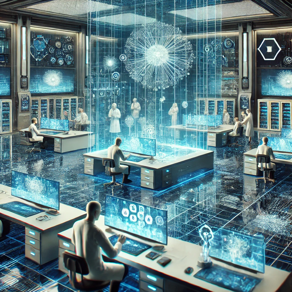A high-tech AI research lab where scientists are developing advanced neuromorphic chips using holographic displays and futuristic technology.