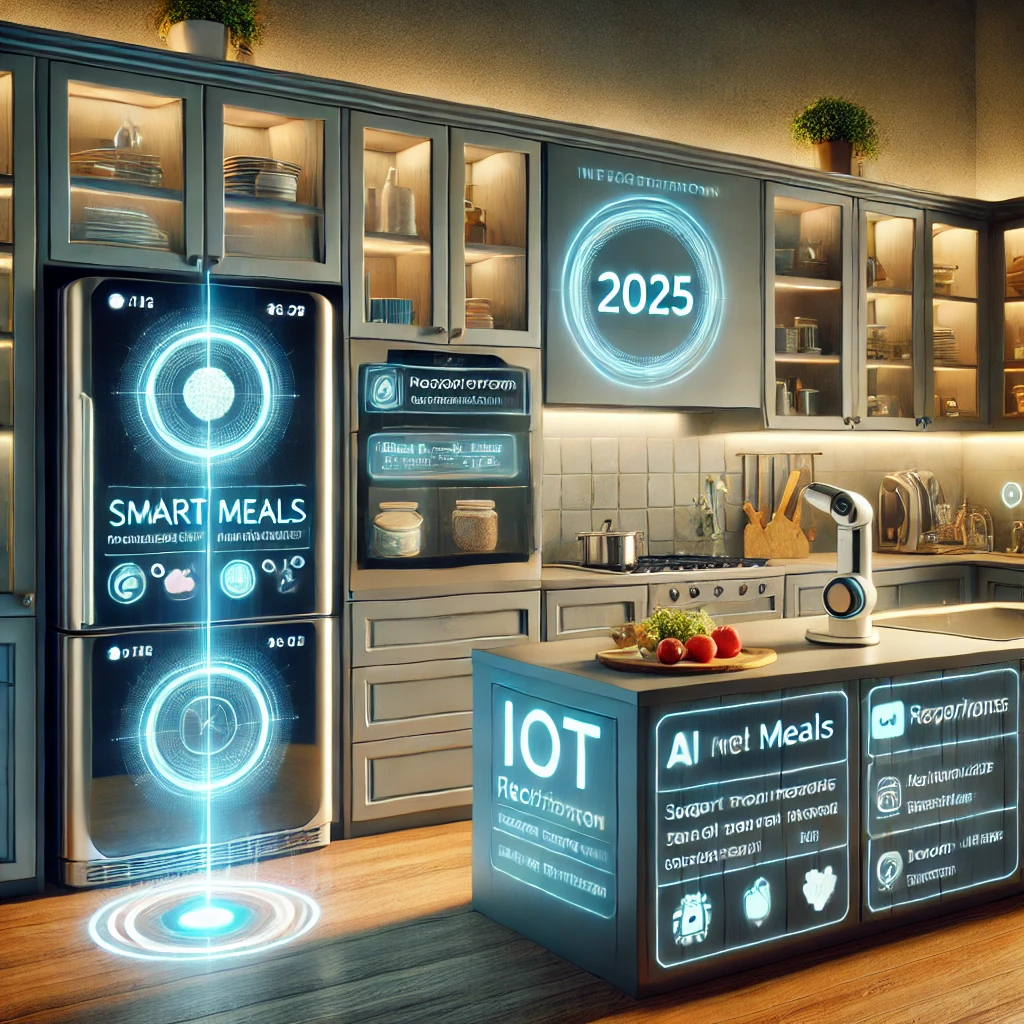 A futuristic kitchen with AI-powered appliances, a holographic recipe guide, and solar-powered IoT devices.