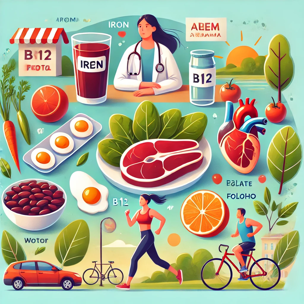 A health and wellness illustration promoting anemia prevention and treatment. It features a balanced meal with iron-rich foods like spinach, red meat, and beans, along with B12 and folate sources such as eggs and citrus fruits. A person drinks water while avoiding coffee and alcohol. Another individual is jogging outdoors in a park. A subtle medical check-up scene shows a doctor consulting a patient. The overall theme is vibrant and positive, emphasizing good health.