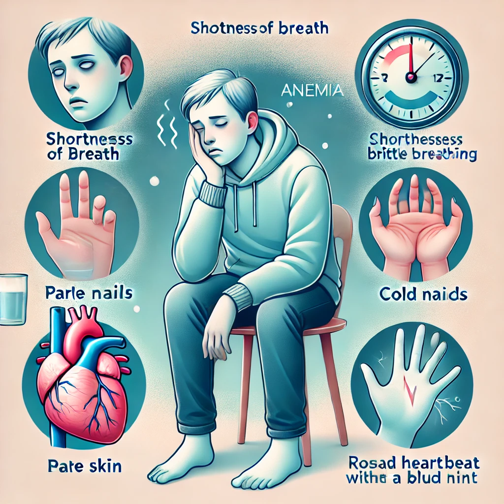 A medical illustration depicting symptoms of anemia, showing a fatigued person with a tired expression, pale skin, brittle nails, shortness of breath, cold hands and feet with a bluish tint, and a glowing effect around the chest to indicate rapid heartbeat. The background is minimalistic to emphasize the symptoms
