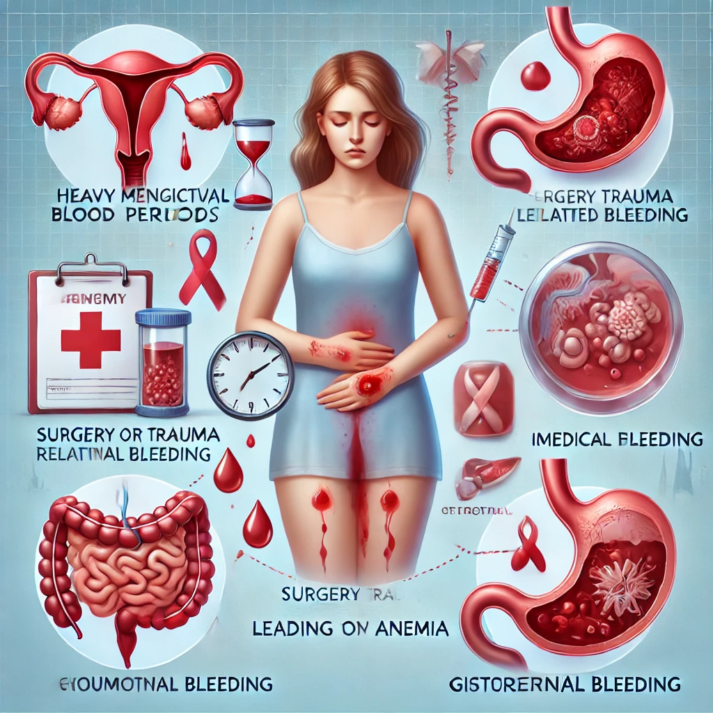 A high-quality medical illustration showing heavy menstrual periods (a woman experiencing discomfort with a menstrual calendar), surgery or trauma-related bleeding (a wounded area with medical treatment), and gastrointestinal bleeding (a stomach with an ulcer causing internal bleeding). The background has a clean medical theme with soft blue tones.
