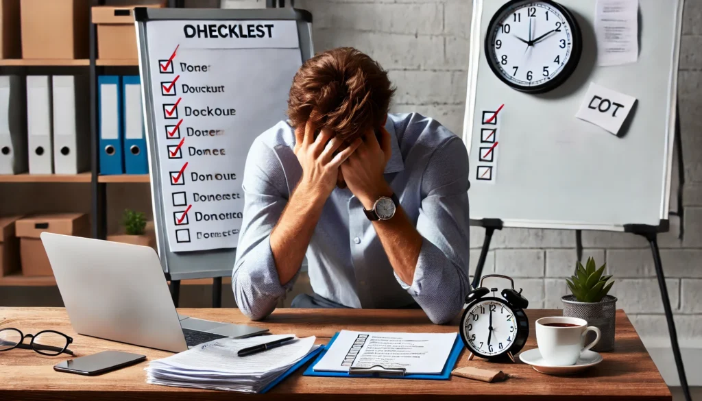 A stressed employee at a desk, with a checklist and clock, highlighting burnout prevention.
