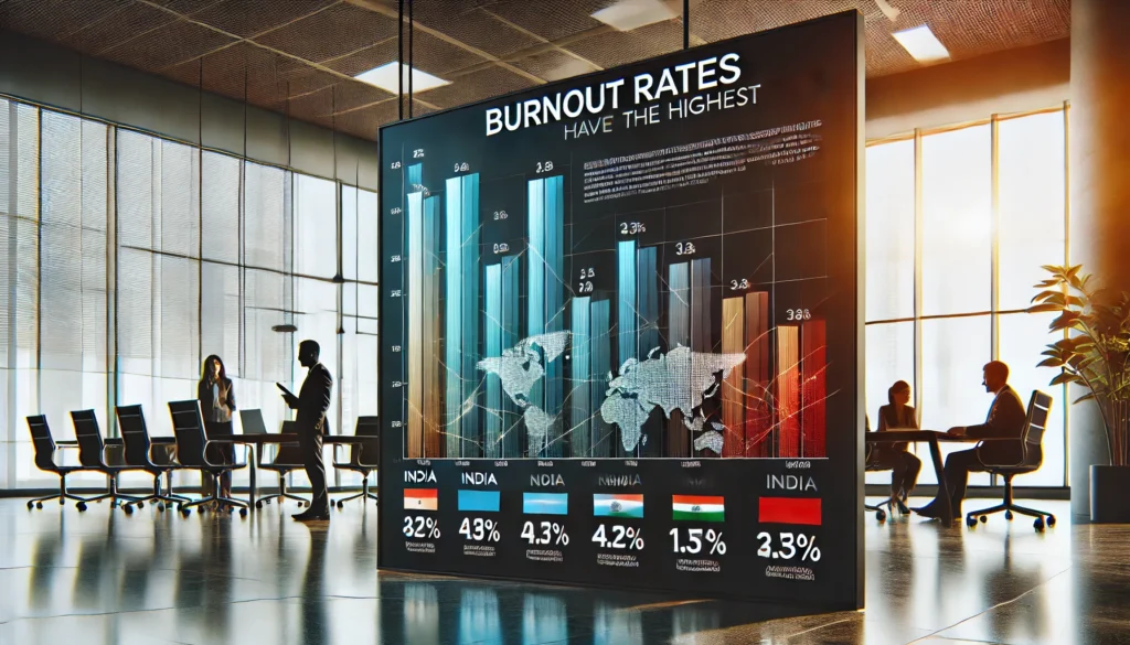 A bar graph showing burnout rates by country, with India highlighted as having the highest rates.