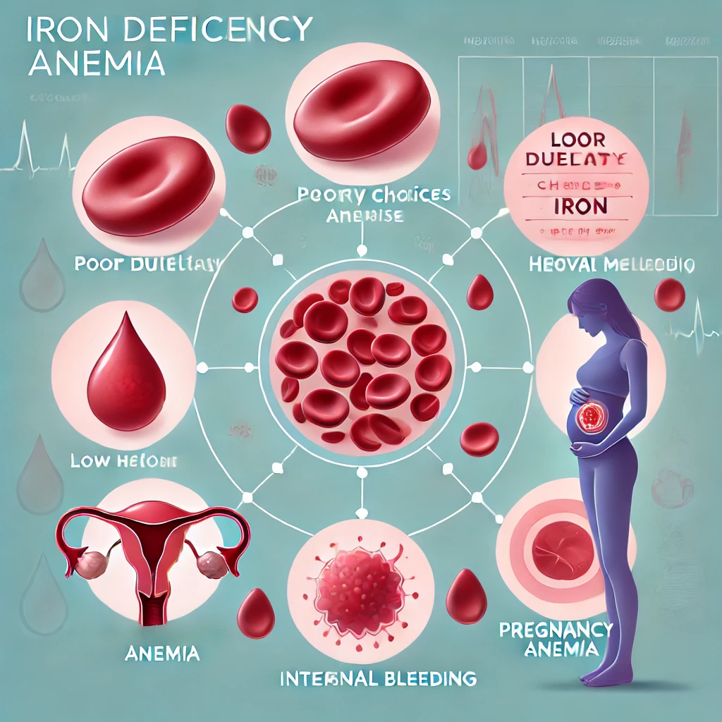A medical infographic illustrating the causes of iron deficiency anemia. It features red blood cells, some appearing pale due to low hemoglobin, along with visual representations of key causes: poor dietary choices, heavy menstruation, internal bleeding, and pregnancy-related anemia. The design includes a professional medical theme with soft blue tones.