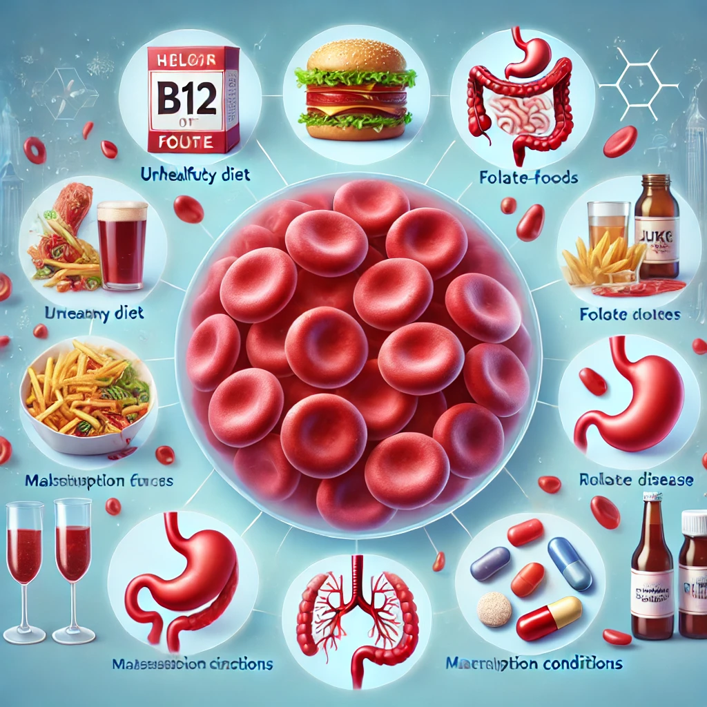 A high-quality medical illustration showcasing vitamin deficiency anemia. It features weakened red blood cells, an unhealthy diet lacking B12 and folate, a digestive system representing malabsorption conditions, a bottle of alcohol symbolizing excessive consumption, and pill bottles depicting medications interfering with vitamin absorption. The background has a clean medical theme with soft blue tones.