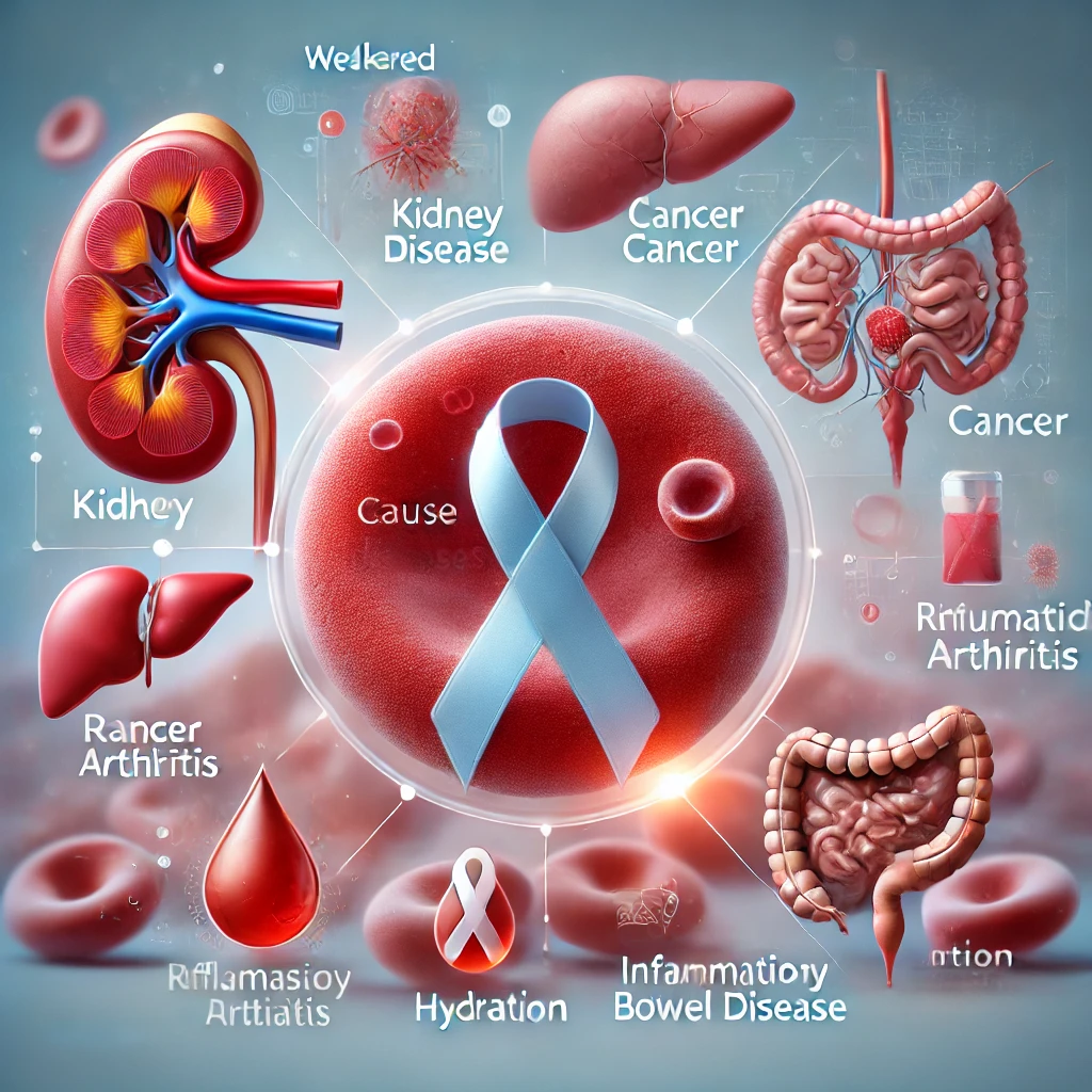 A high-quality medical illustration depicting chronic diseases that cause anemia. It features weakened red blood cells alongside visual symbols for kidney disease, cancer, rheumatoid arthritis, and inflammatory bowel disease. The prevention section includes representations of a balanced diet, hydration, and physical activity. The background has a clean medical theme with soft blue tones.