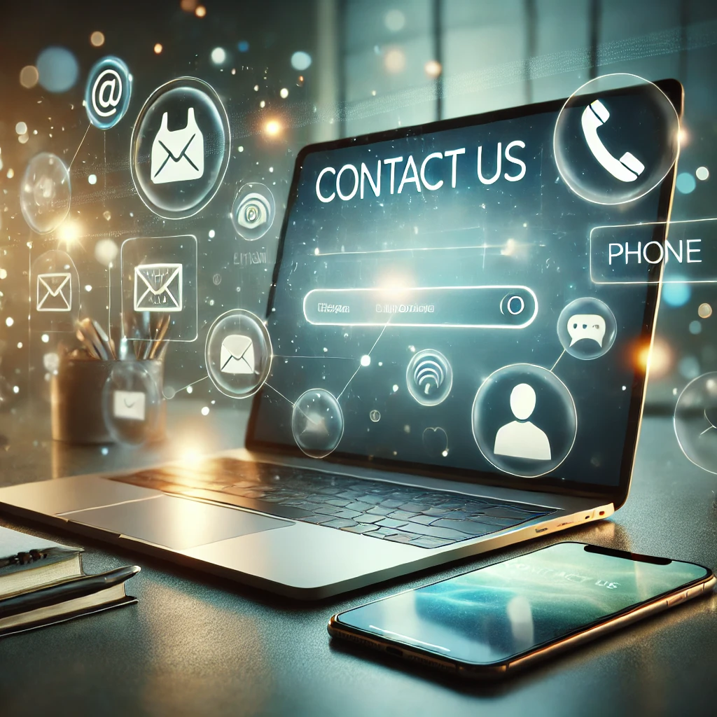 A modern workspace featuring a laptop with a glowing "Contact Us" form, a smartphone, and a notepad. Floating email, phone, and chat icons symbolize seamless digital communication. The scene is illuminated with soft natural light, creating a professional and welcoming atmosphere.