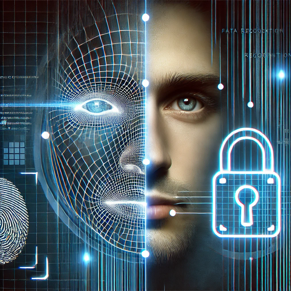 Illustration of data privacy concerns with facial recognition technology.