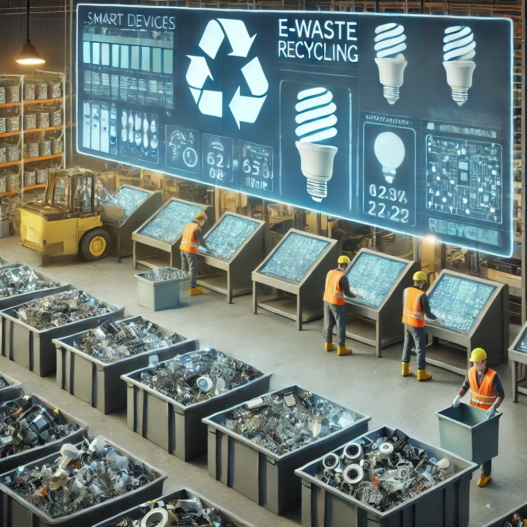A collection of old smart plugs, bulbs, and cameras being recycled at an e-waste facility.
