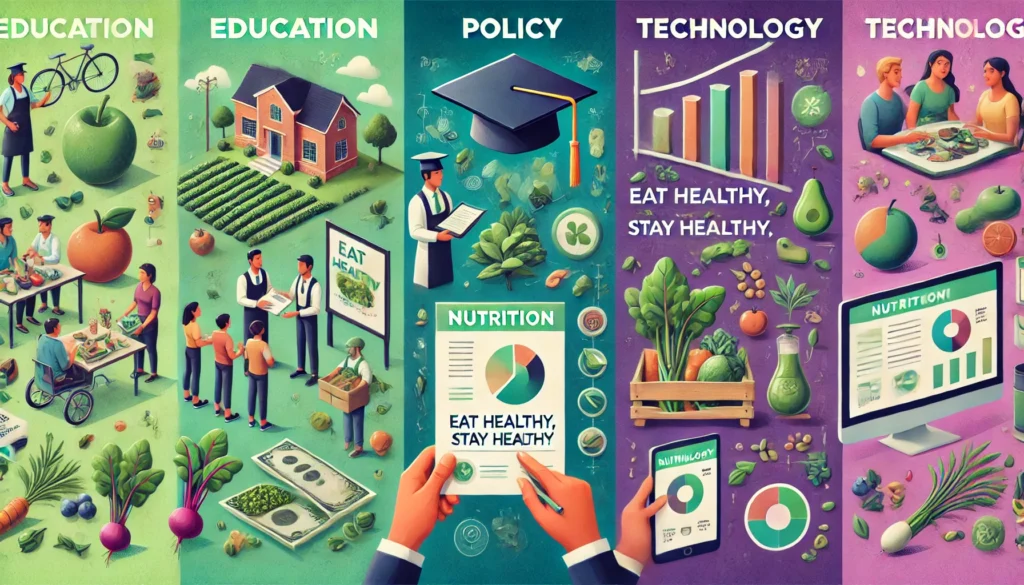 A professional and vibrant collage illustrating the role of education, policy changes, and technology in improving nutrition and immune health. Featuring a classroom nutrition lesson, government support for healthy crops, and a smartphone app for personalized meal planning