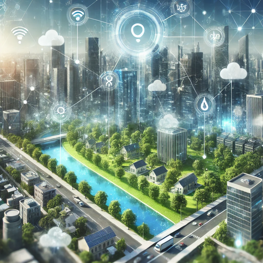 Edge computing sensors tracking air and water quality in smart cities.
