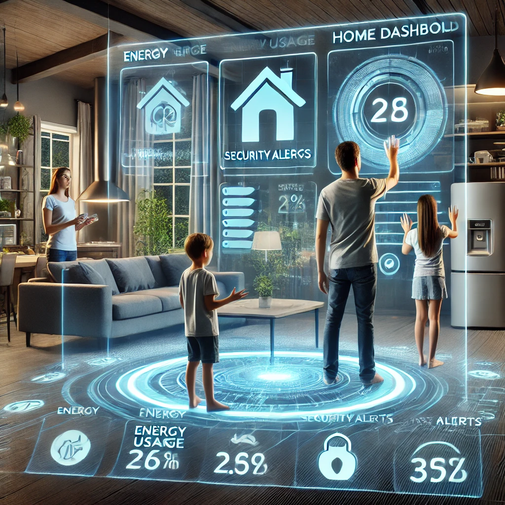 A family interacts with a holographic home dashboard showing energy usage, security alerts, and appliance controls.
