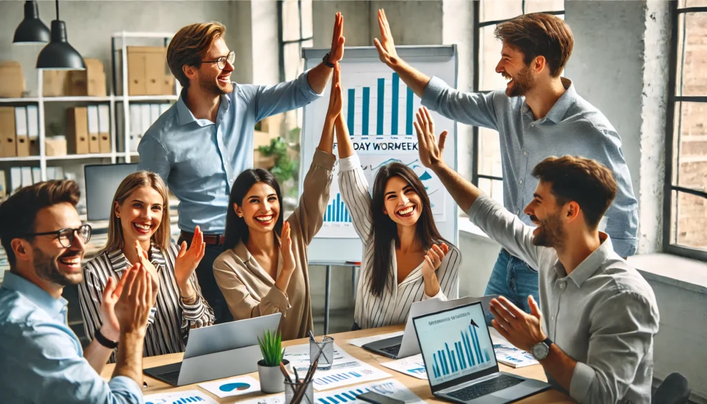 A team celebrating a successful week with a four-day work schedule, highlighting increased productivity and well-being.