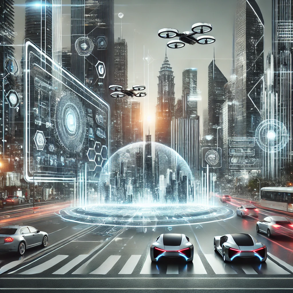 A futuristic cityscape with holographic billboards, flying cars, and augmented reality elements blending the physical and digital worlds