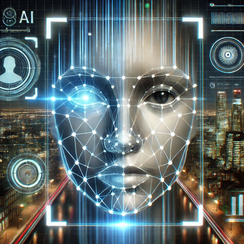 Futuristic depiction of AI facial recognition technology in action.