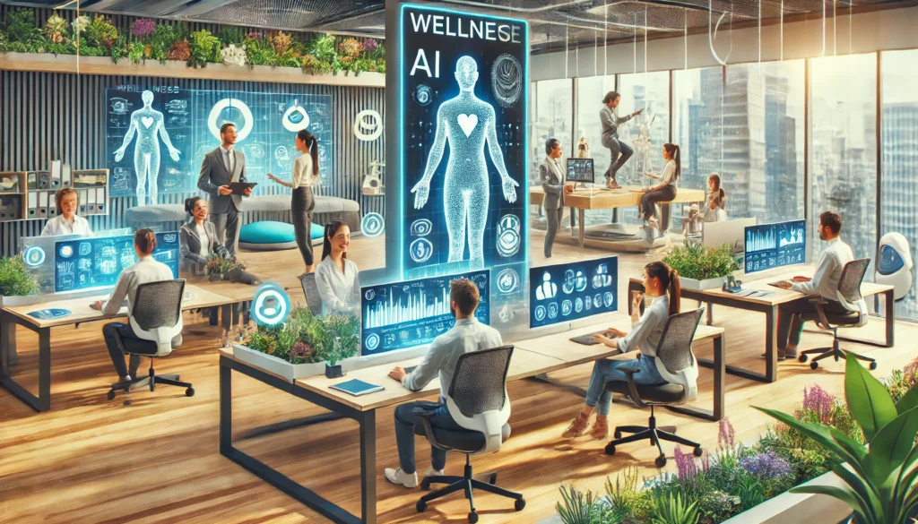 A futuristic workspace with AI-powered tools, happy employees collaborating, and wellness activities like meditation pods and ergonomic desks, symbolizing future trends in mental health and work-life balance.