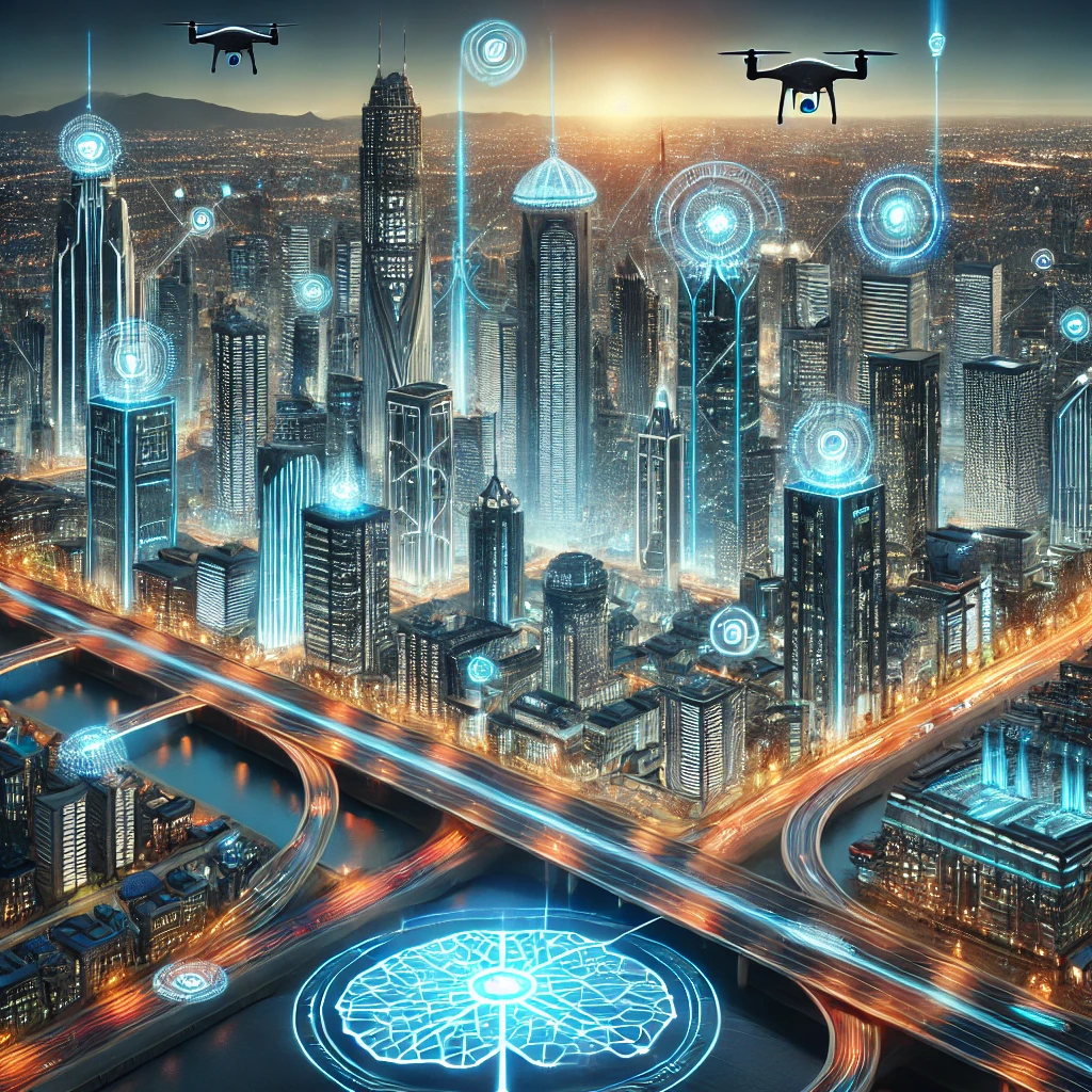 A stunning futuristic city powered by AI-driven neuromorphic processors, featuring glowing skyscrapers, smart infrastructure, and autonomous drones.