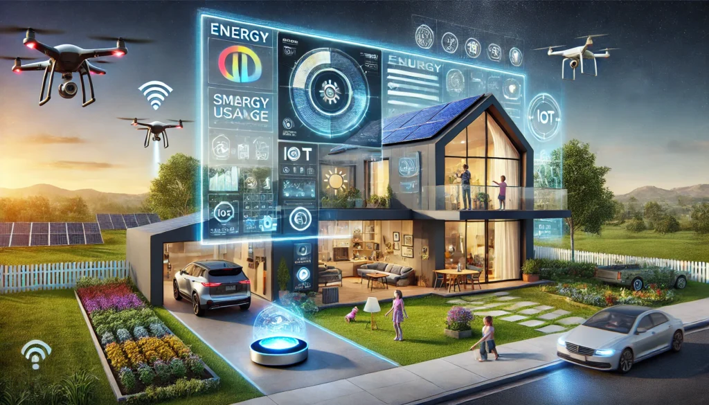 A futuristic smart home with AI-powered automation, solar panels, and a family enjoying seamless connectivity.