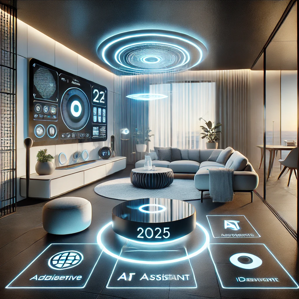 A modern living room with voice-controlled lights, solar-powered IoT devices, and an AI assistant displaying a holographic interface.
