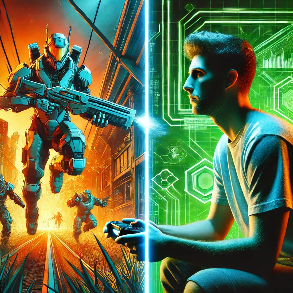 A split-screen image showing a gamer in real life and their avatar in an action-packed virtual world.