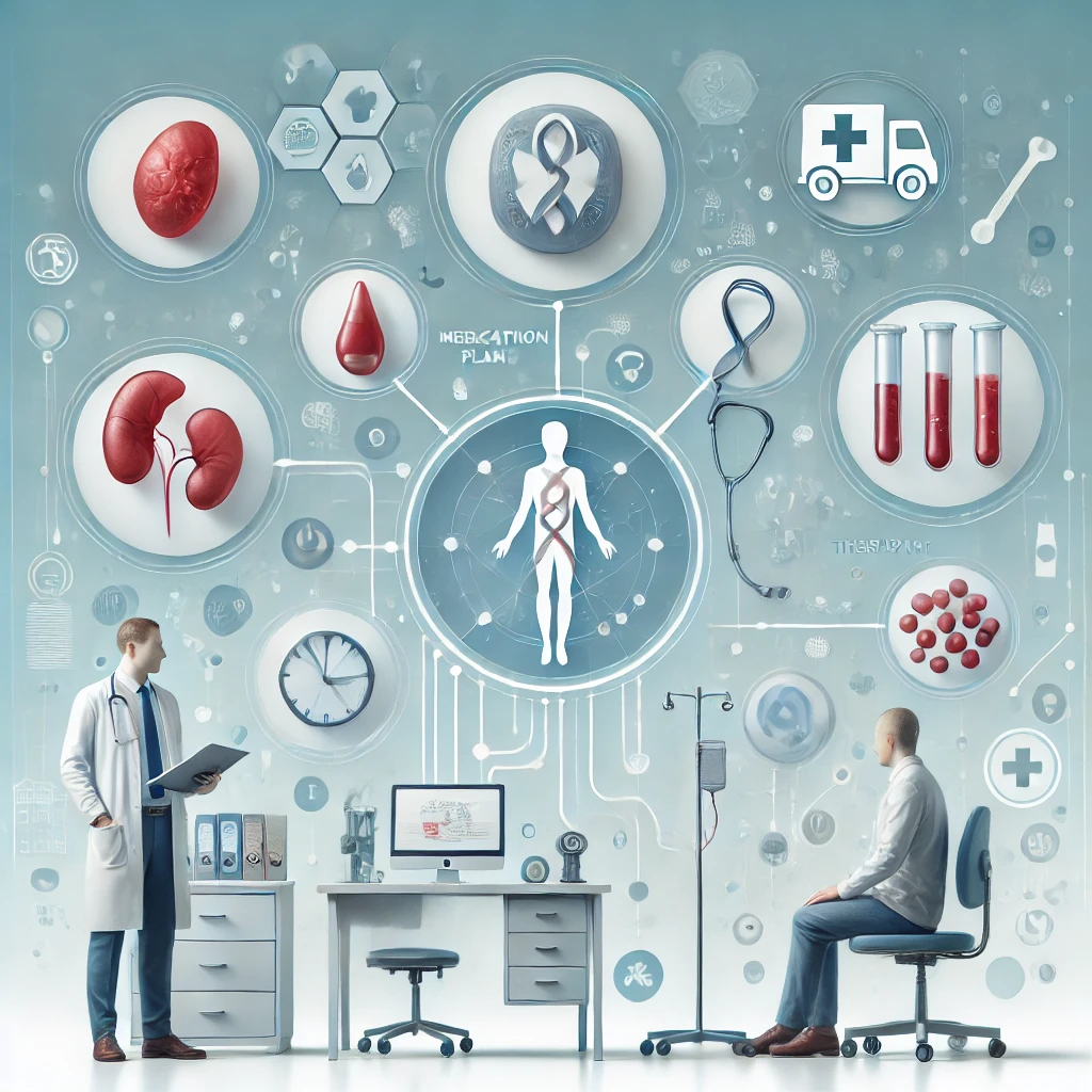 A high-quality medical illustration featuring a doctor performing a medical check-up, symbolic representations of specialized treatment plans such as medication and therapy, and a conceptual depiction of a bone marrow transplant, all set within a clean medical-themed background with soft blue tones.