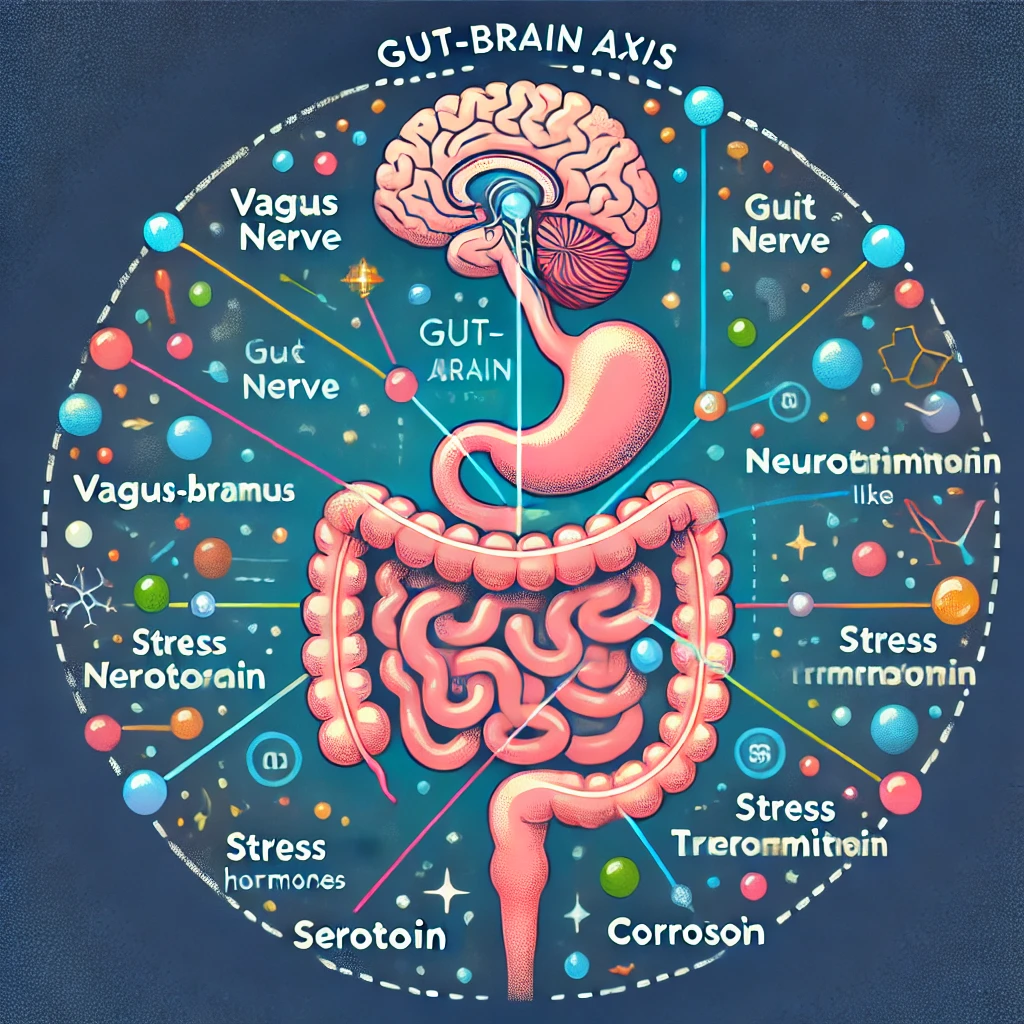 Illustration showing the gut-brain axis and how it regulates hormones like cortisol and serotonin for overall wellness.