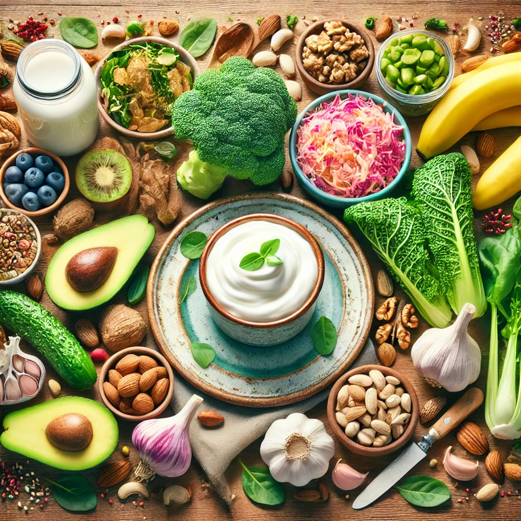 A colorful collage of gut-friendly foods like yogurt, sauerkraut, avocado, leafy greens, and nuts, promoting gut health and hormonal balance.