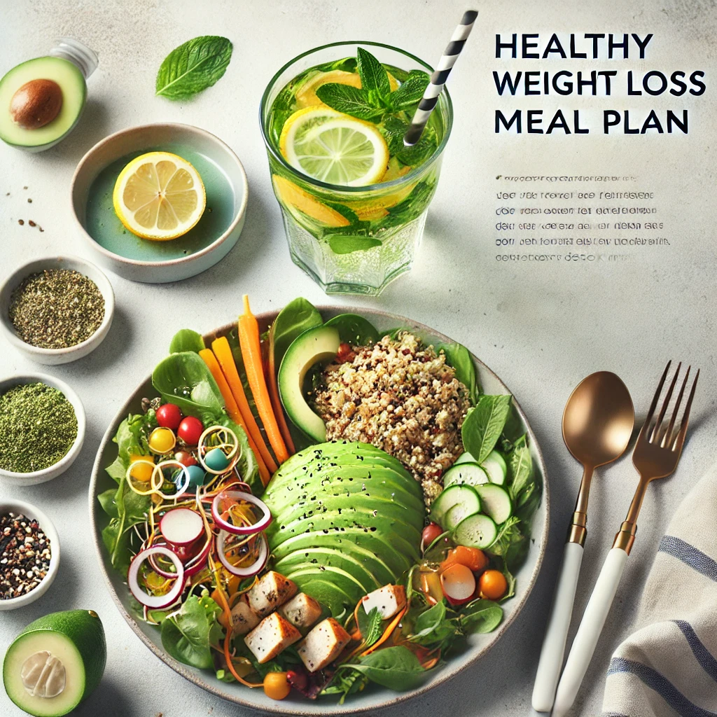 A flat-lay image of a healthy weight loss meal with fresh salad, grilled chicken, avocado, quinoa, and a detox drink with lemon and mint. Stylish and minimalist presentation.