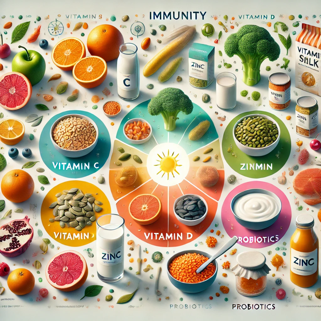 A vibrant, professional collage showcasing key nutrients for immunity: citrus fruits, bell peppers, and broccoli for vitamin C; pumpkin seeds and lentils for zinc; fortified milk, cereal, and a sun icon for vitamin D; and yogurt with berries and kimchi for probiotics, all arranged in four distinct quadrants on a clean white background with soft glows and subtle gradients