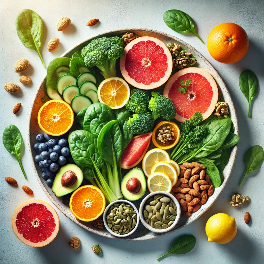 A beautifully arranged plate of immune-boosting foods, including citrus fruits (oranges, lemons, grapefruits), fresh leafy greens (spinach, kale), and a variety of nuts and seeds (almonds, pumpkin seeds), set against a clean, light-colored background with soft natural lighting to enhance freshness and vibrancy