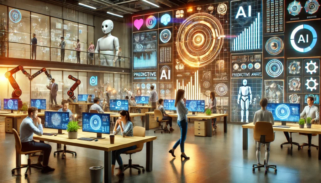 Humans and AI collaborating in a high-tech office to enhance efficiency and innovation.