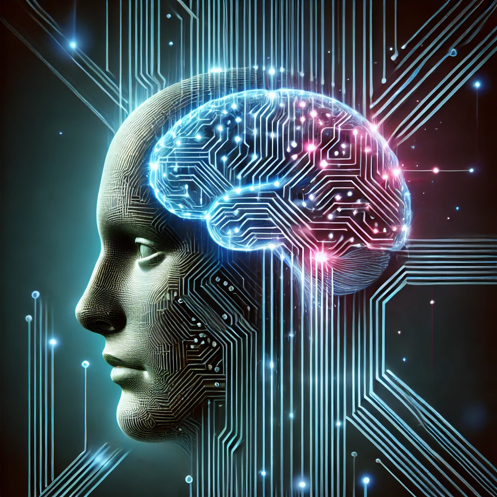 A human brain seamlessly merging with a high-tech microchip, illustrating the fusion of artificial intelligence and neuromorphic computing.