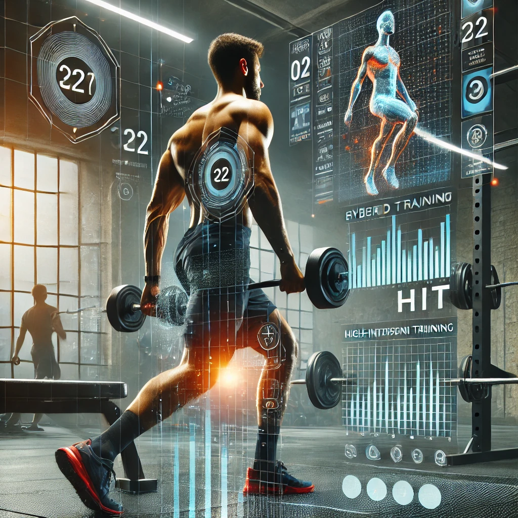 A fitness enthusiast performing a hybrid training workout, combining weightlifting and high-intensity cardio in a modern gym with digital workout metrics displayed in the background.