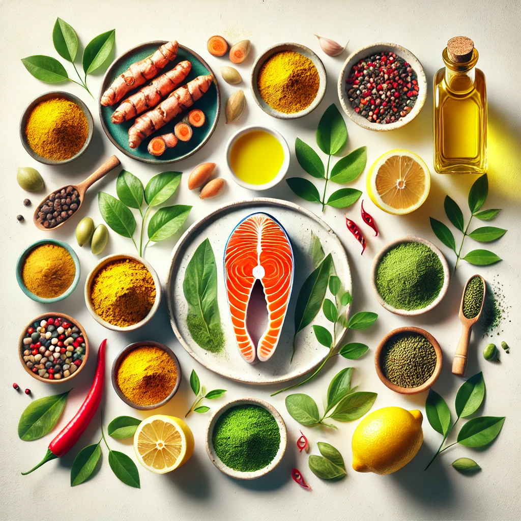 A vibrant collage of immune-boosting foods from around the world, including turmeric from Asia, olive oil and salmon from the Mediterranean, chili peppers from Latin America, and moringa from Africa, arranged on a clean, white background.
