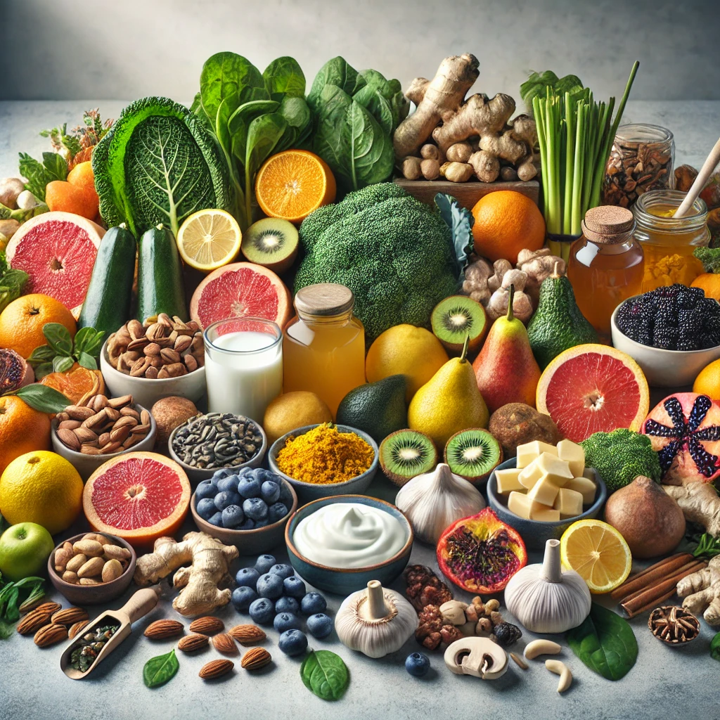 A high-quality, professional image featuring a variety of immune-boosting foods, including citrus fruits, leafy greens, nuts, seeds, yogurt, fermented foods, turmeric, ginger, garlic, berries, honey, mushrooms, and green tea, arranged on a clean, modern background with soft lighting to enhance freshness and vibrancy.