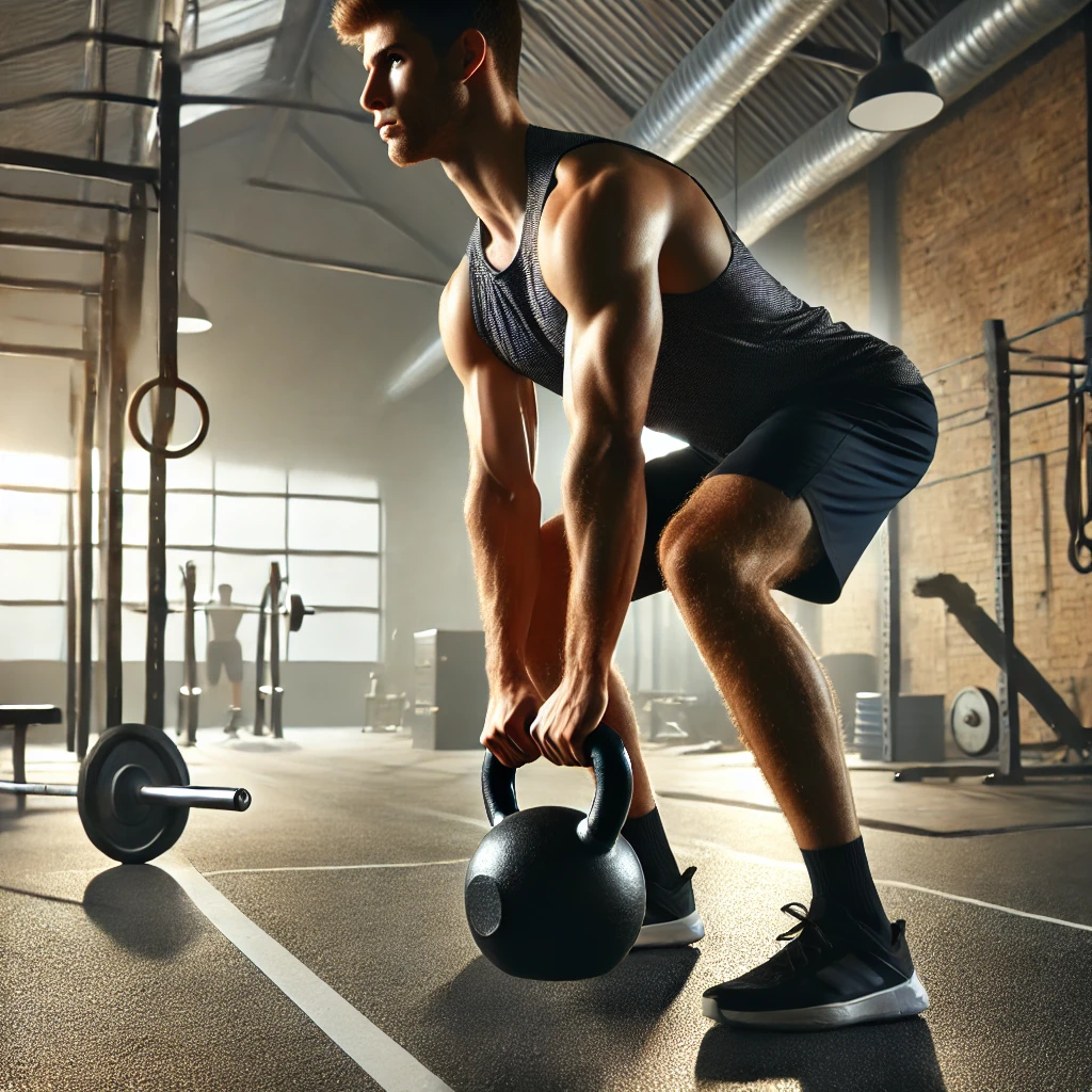A fitness enthusiast lifting a kettlebell in a high-tech gym, demonstrating strength training and functional fitness exercises with perfect form.