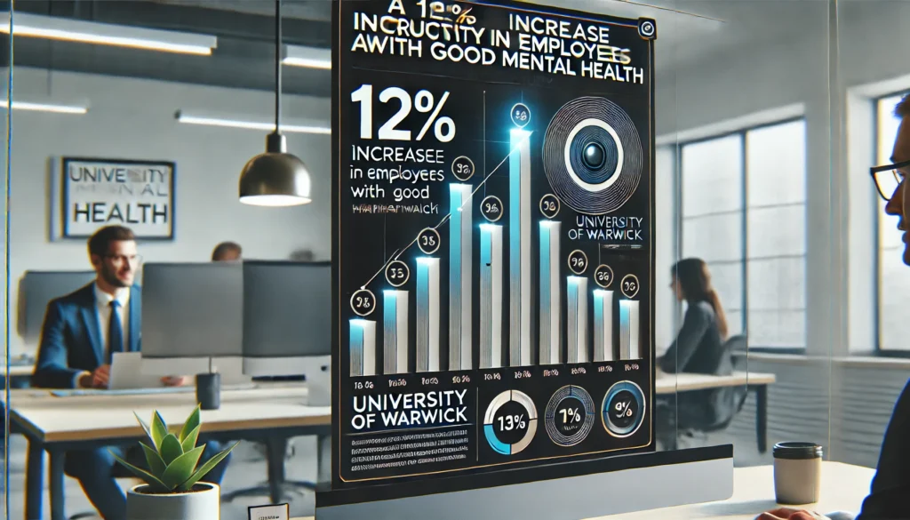A graph showing a 12% increase in productivity among employees with good mental health, based on the University of Warwick study.